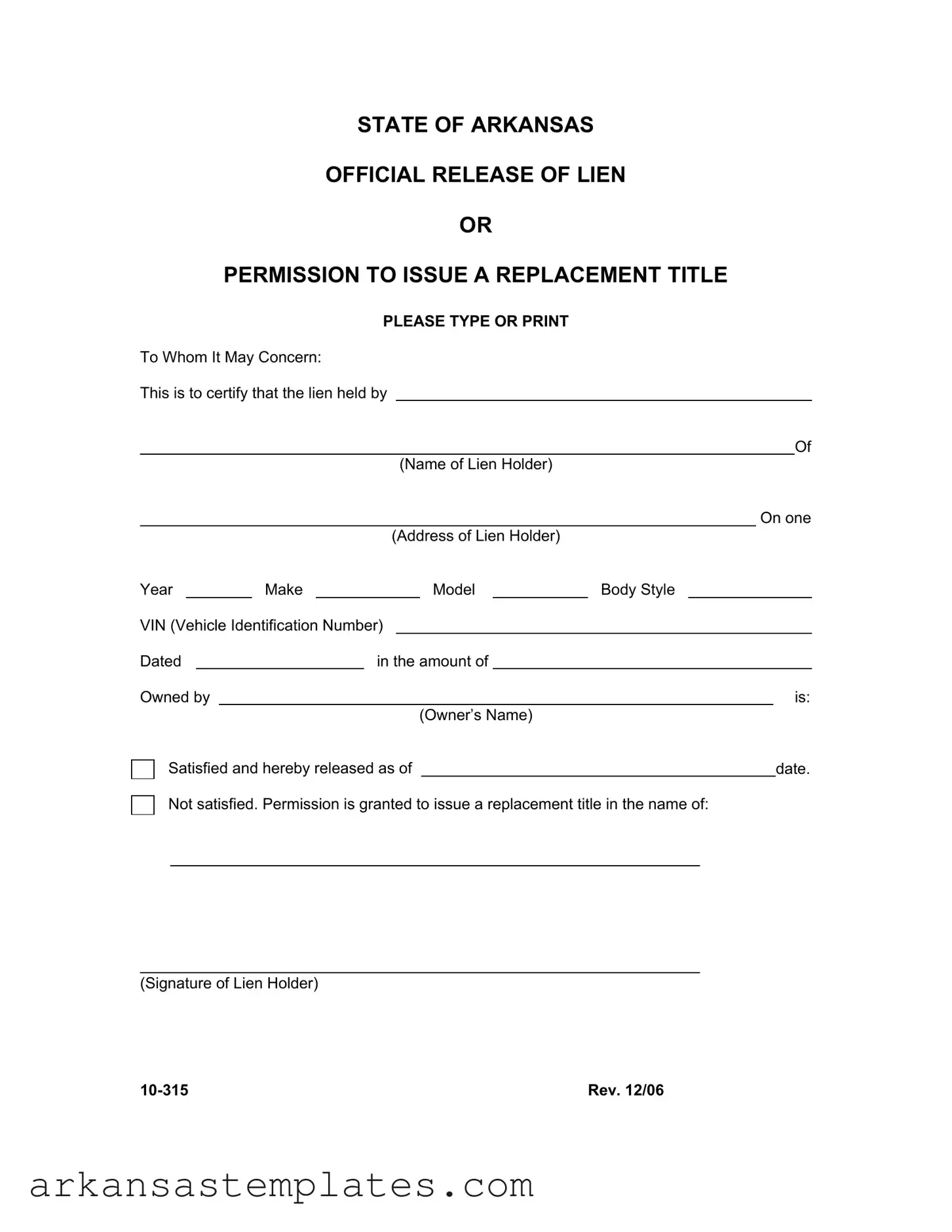 Blank Arkansas 10 315 Form