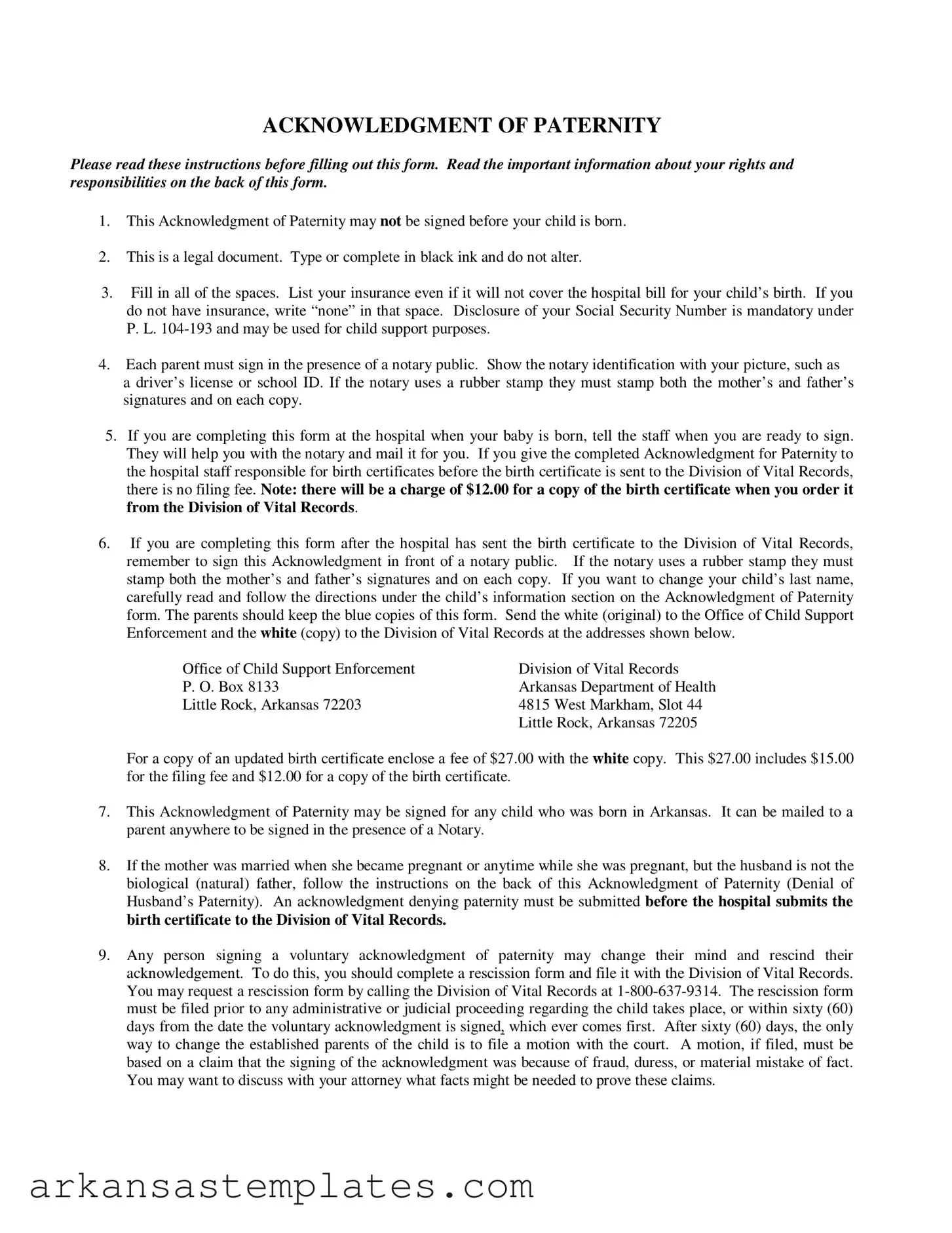 Blank Arkansas Acknowledgement Paternity Form