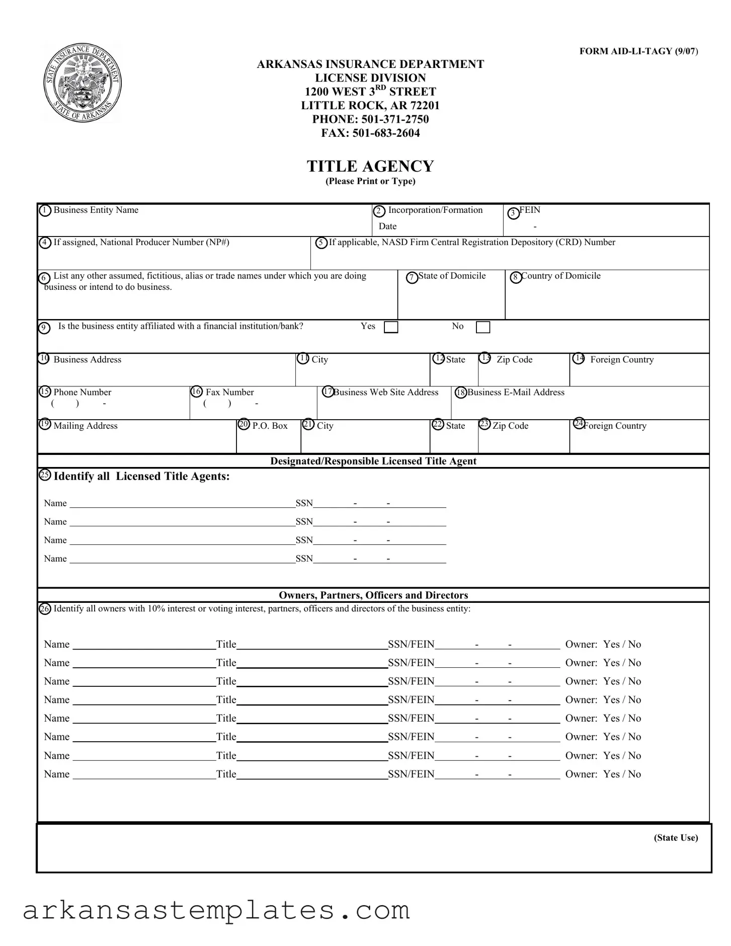 Blank Arkansas Aid Li Tagy Form