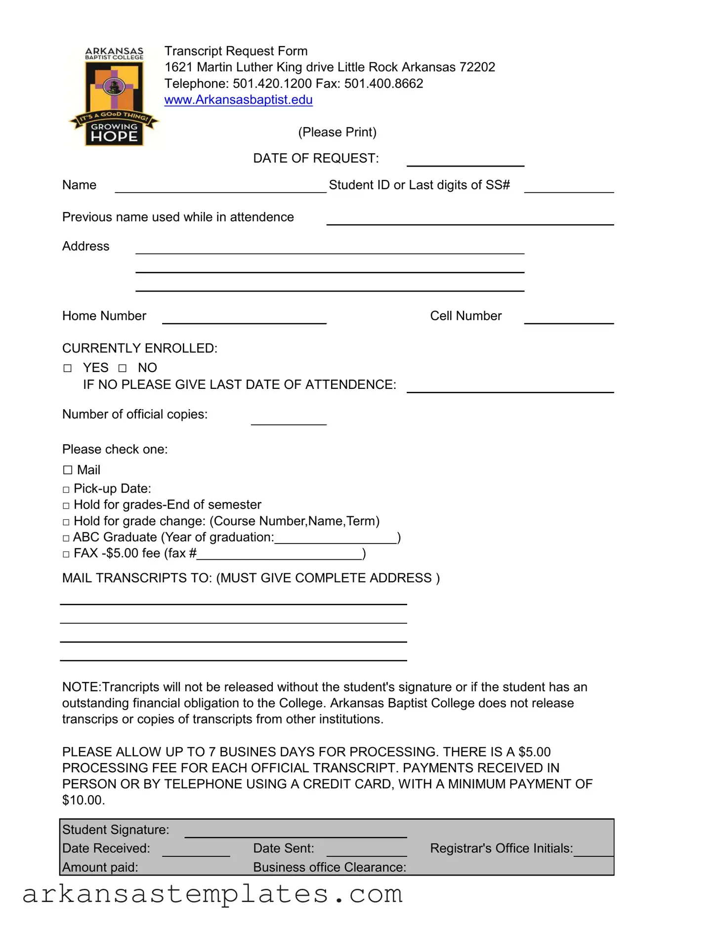 Blank Arkansas Baptist Transcript Form