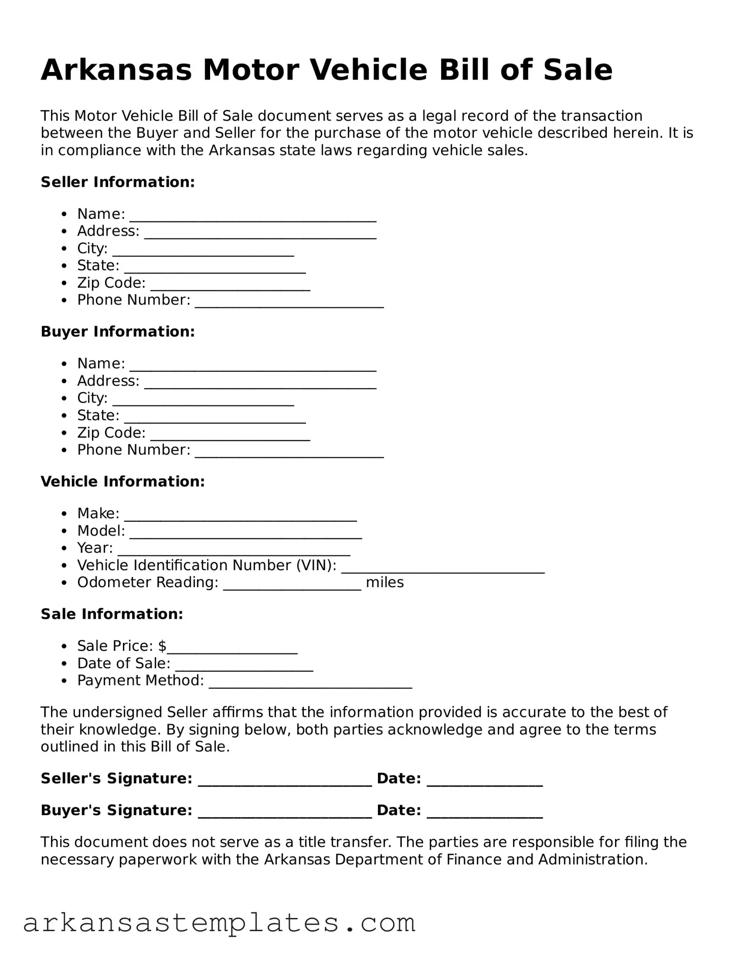 Attorney-Approved  Motor Vehicle Bill of Sale Template for Arkansas
