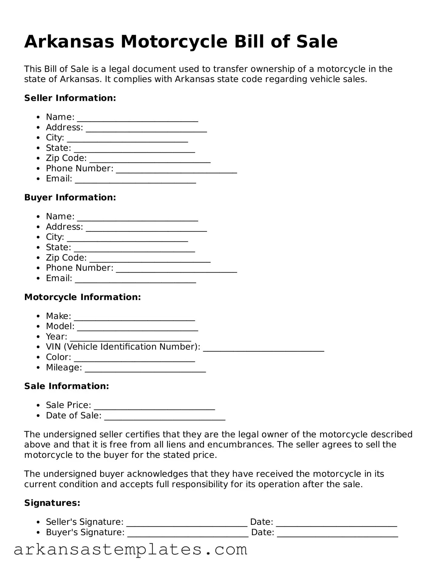 Attorney-Approved  Motorcycle Bill of Sale Template for Arkansas
