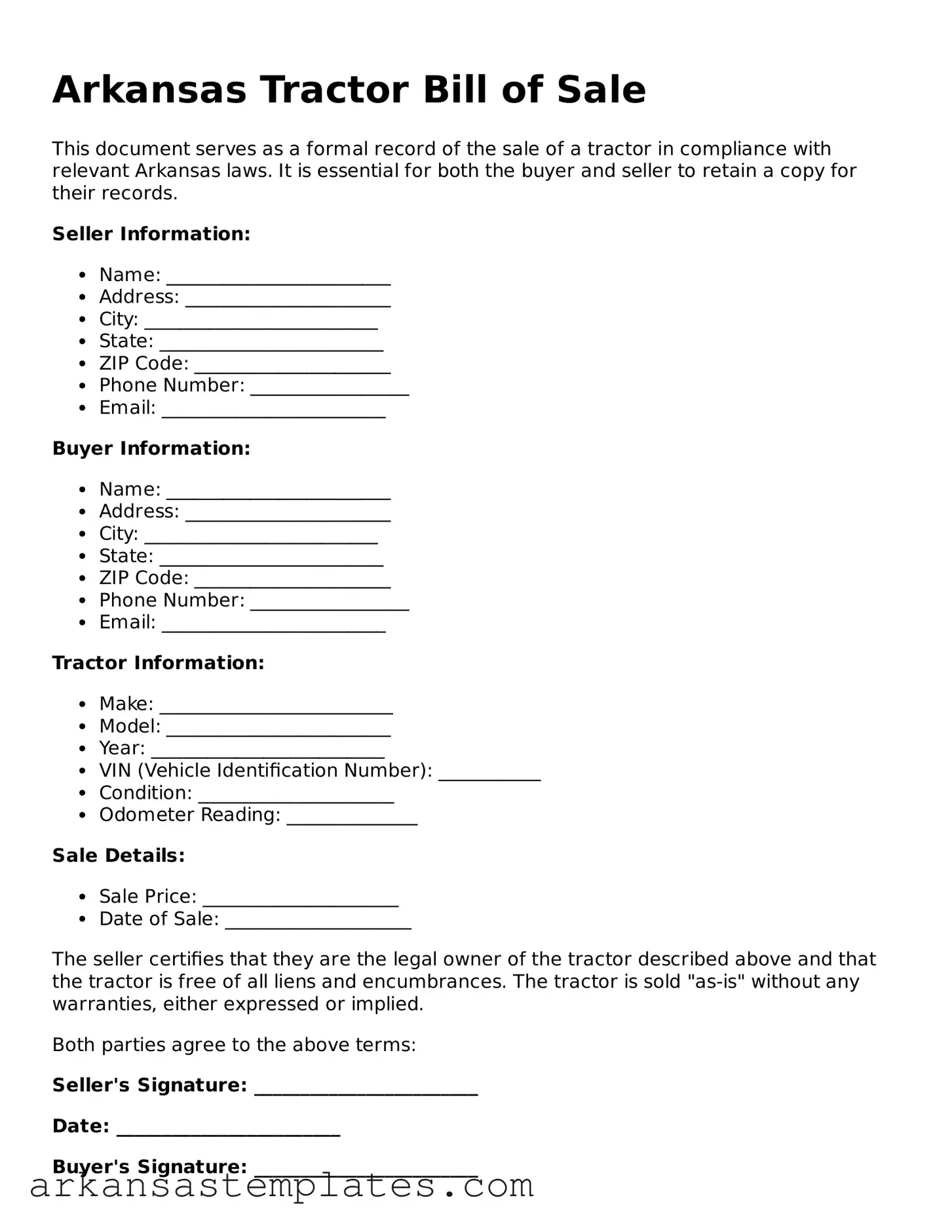 Attorney-Approved  Tractor Bill of Sale Template for Arkansas