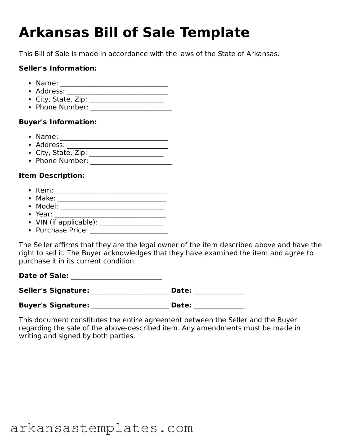 Attorney-Approved  Bill of Sale Template for Arkansas