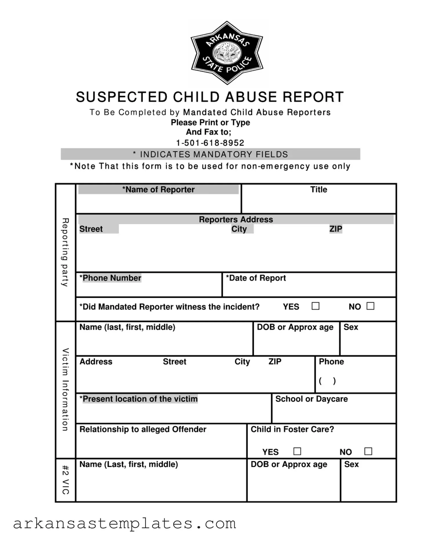 Blank Arkansas Child Abuse Form