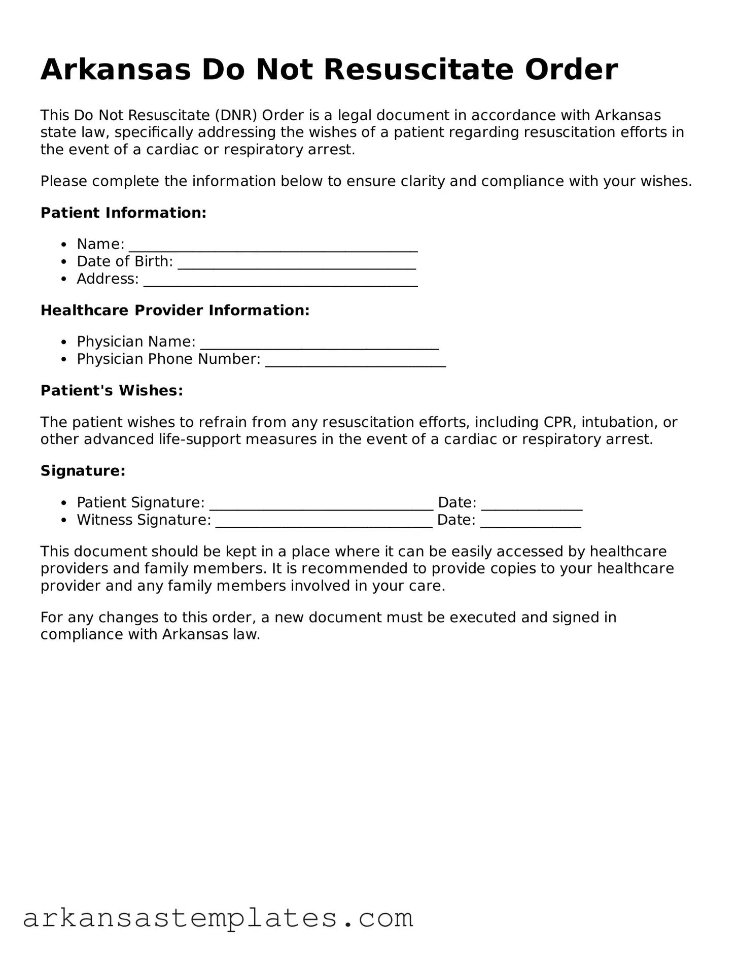 Attorney-Approved  Do Not Resuscitate Order Template for Arkansas
