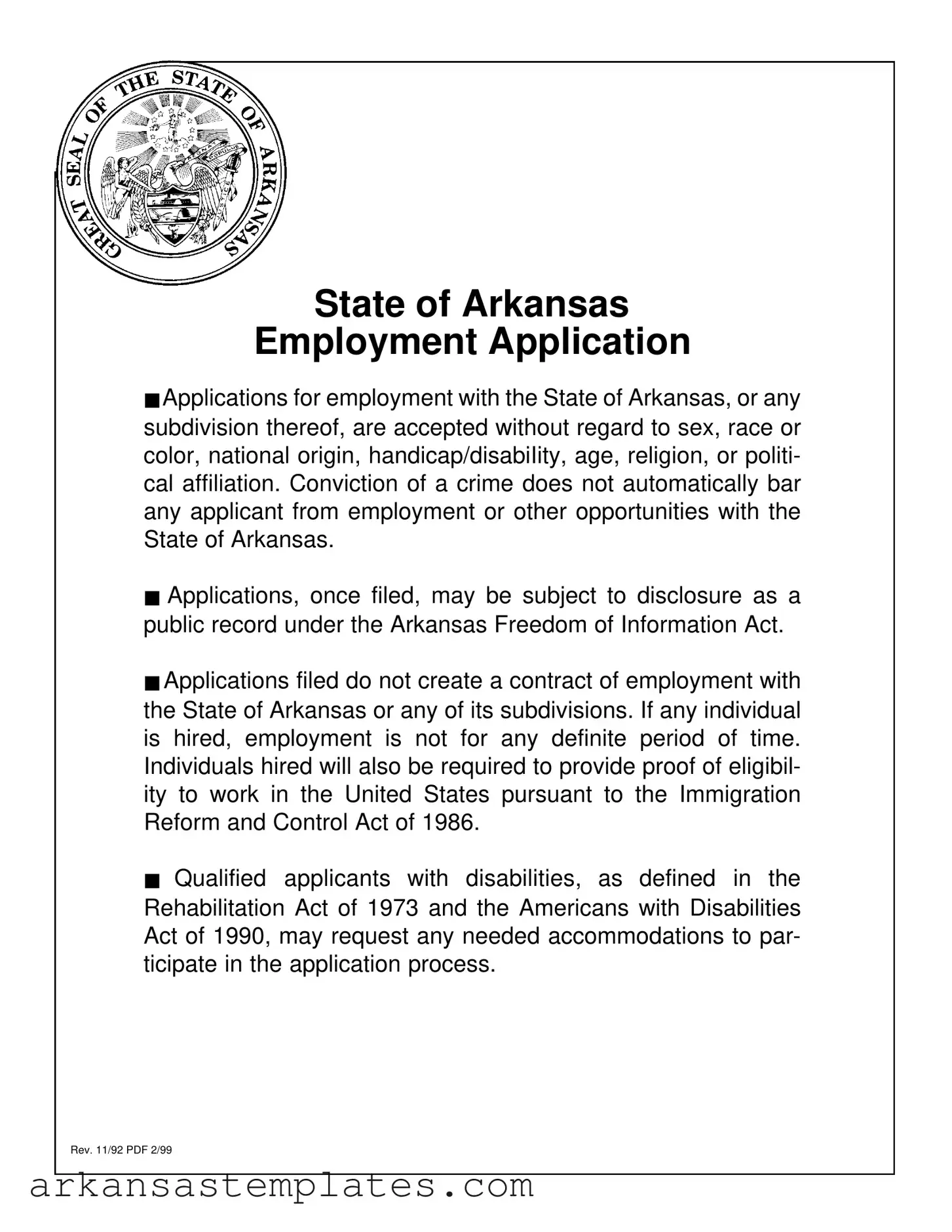 Blank Arkansas Employment Application Form