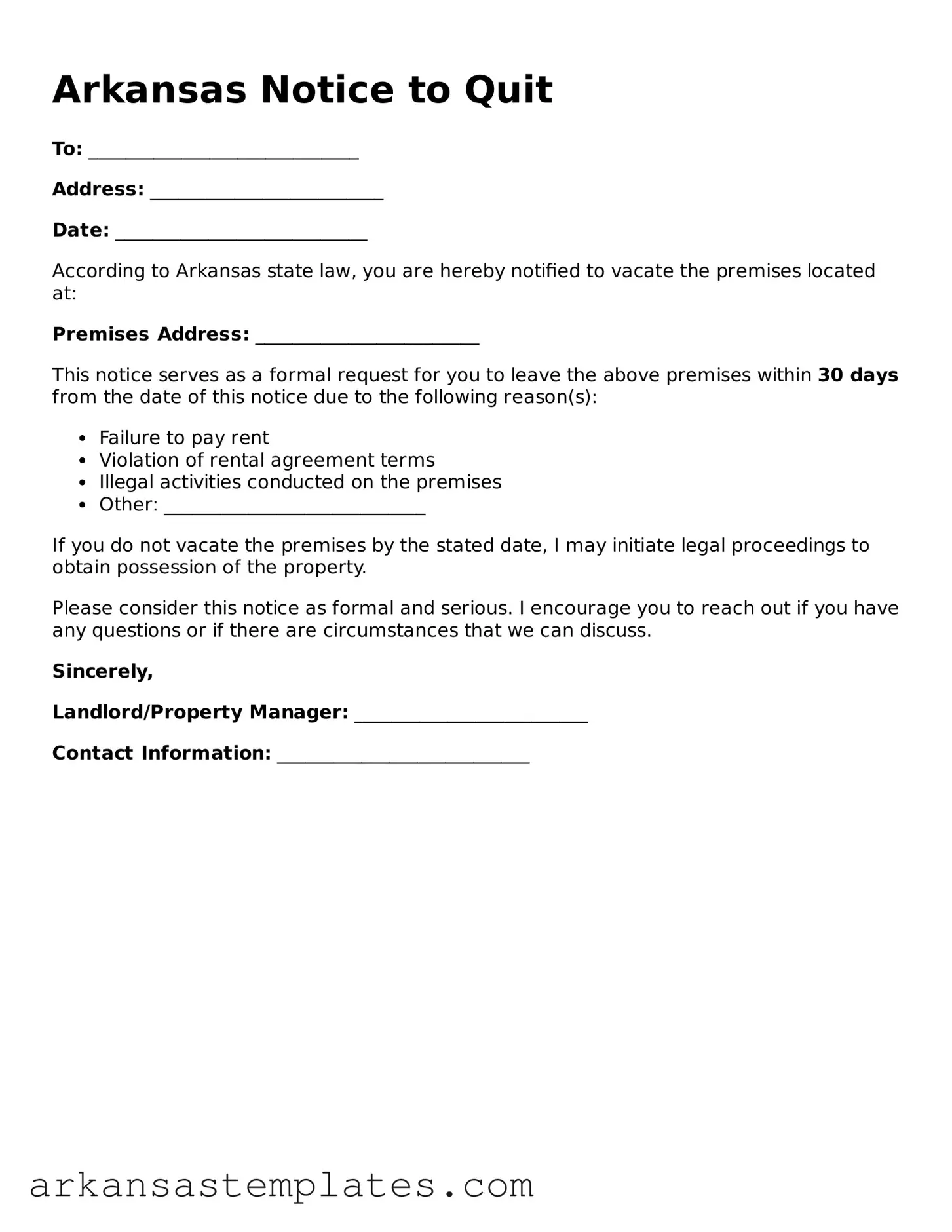 Attorney-Approved  Notice to Quit Template for Arkansas