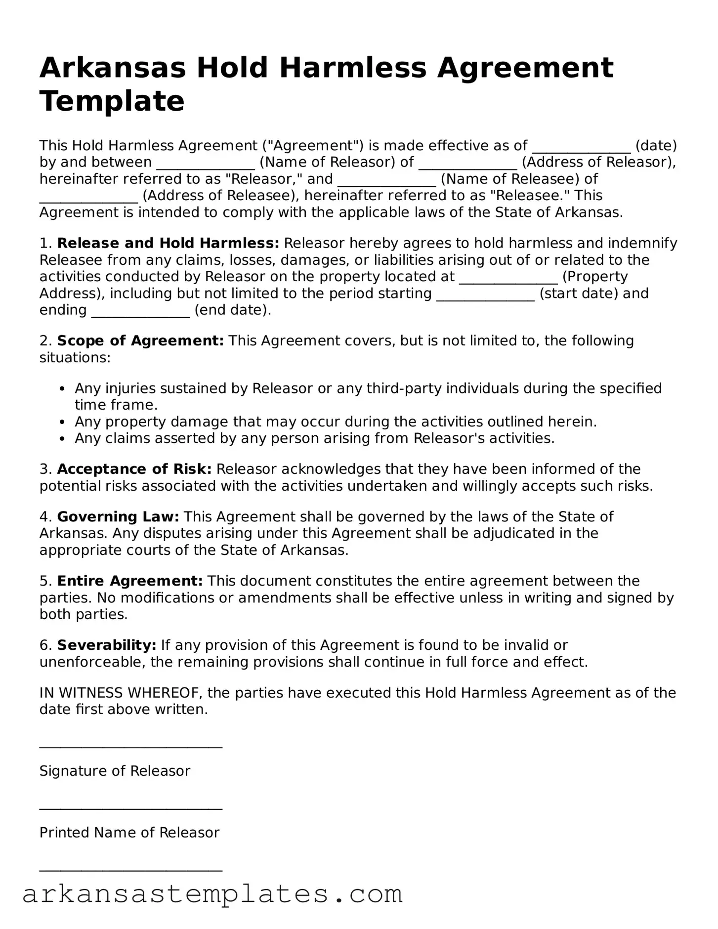 Attorney-Approved  Hold Harmless Agreement Template for Arkansas