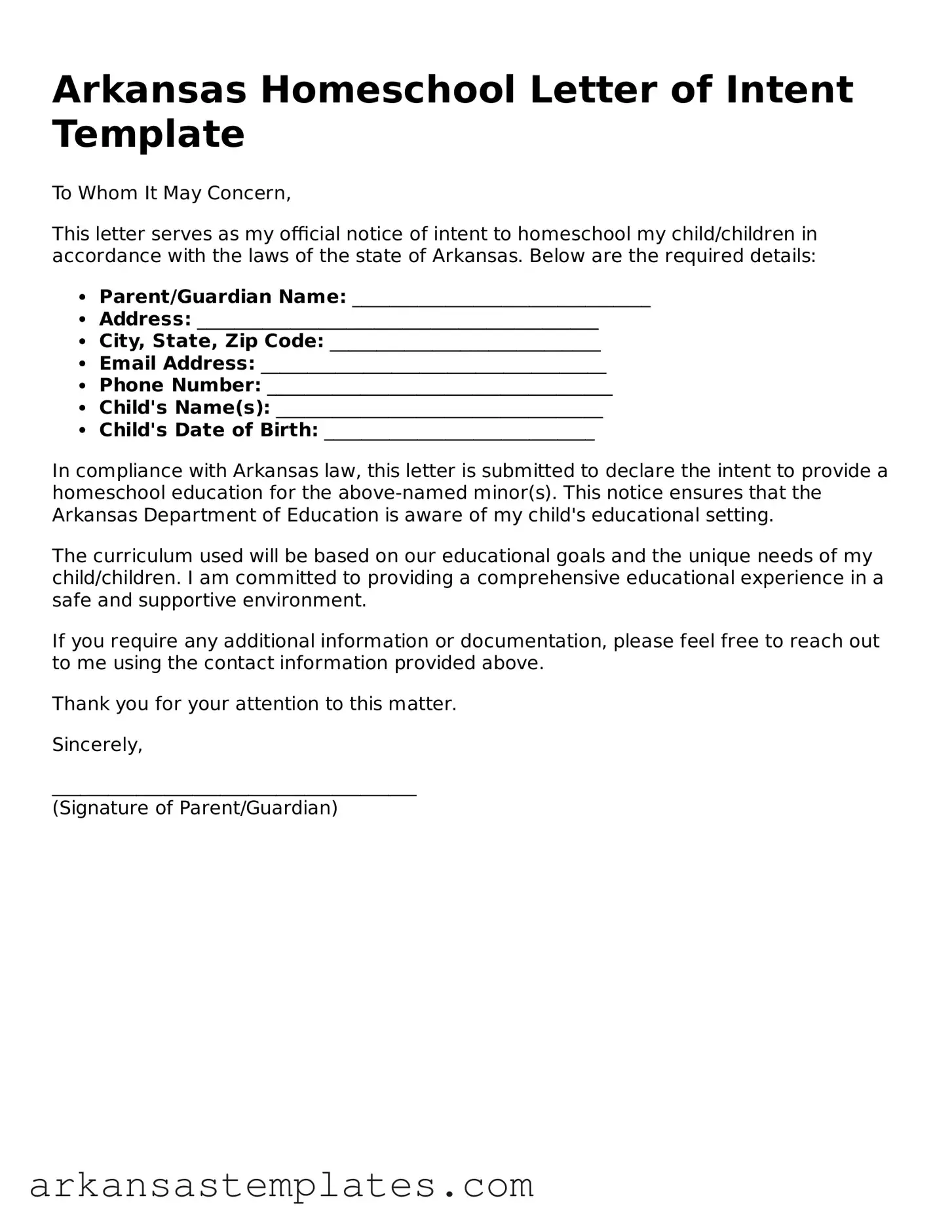 Attorney-Approved  Homeschool Letter of Intent Template for Arkansas