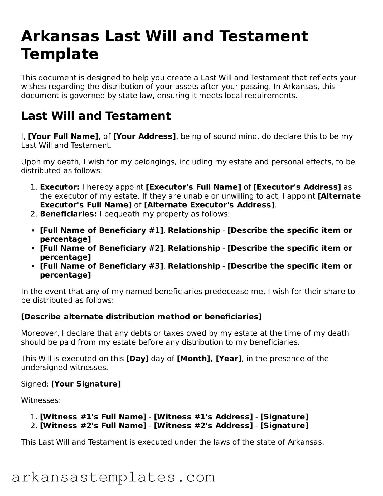 Attorney-Approved  Last Will and Testament Template for Arkansas
