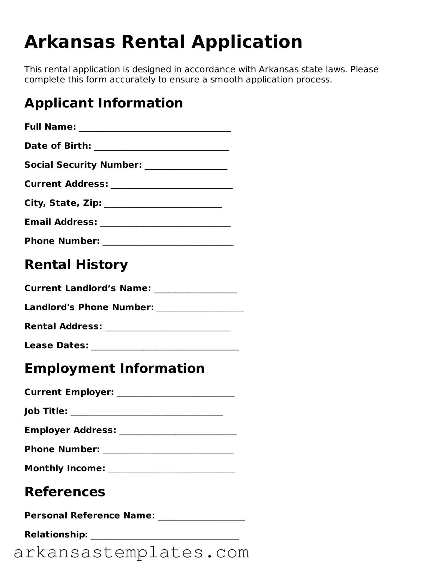 Attorney-Approved  Rental Application Template for Arkansas