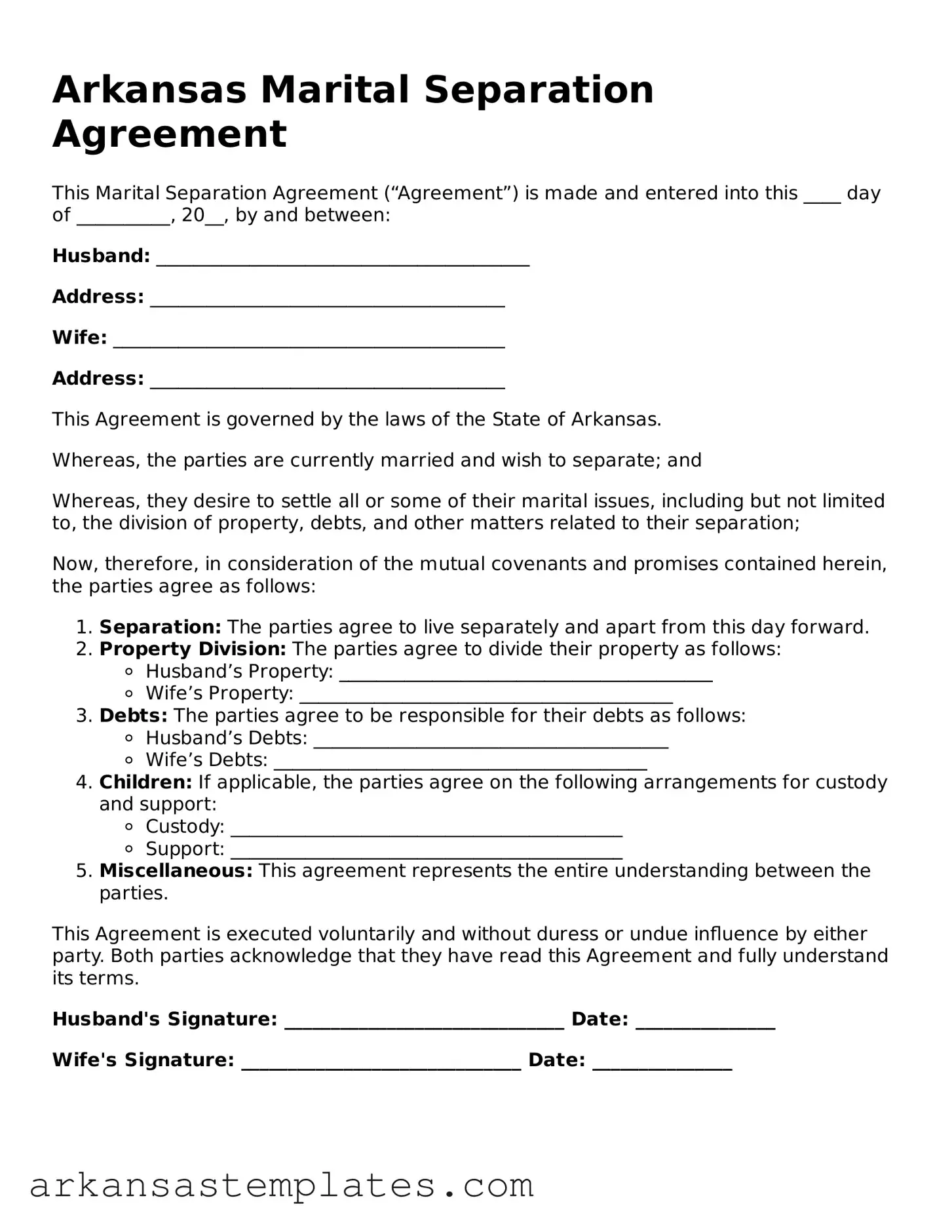Attorney-Approved  Marital Separation Agreement Template for Arkansas