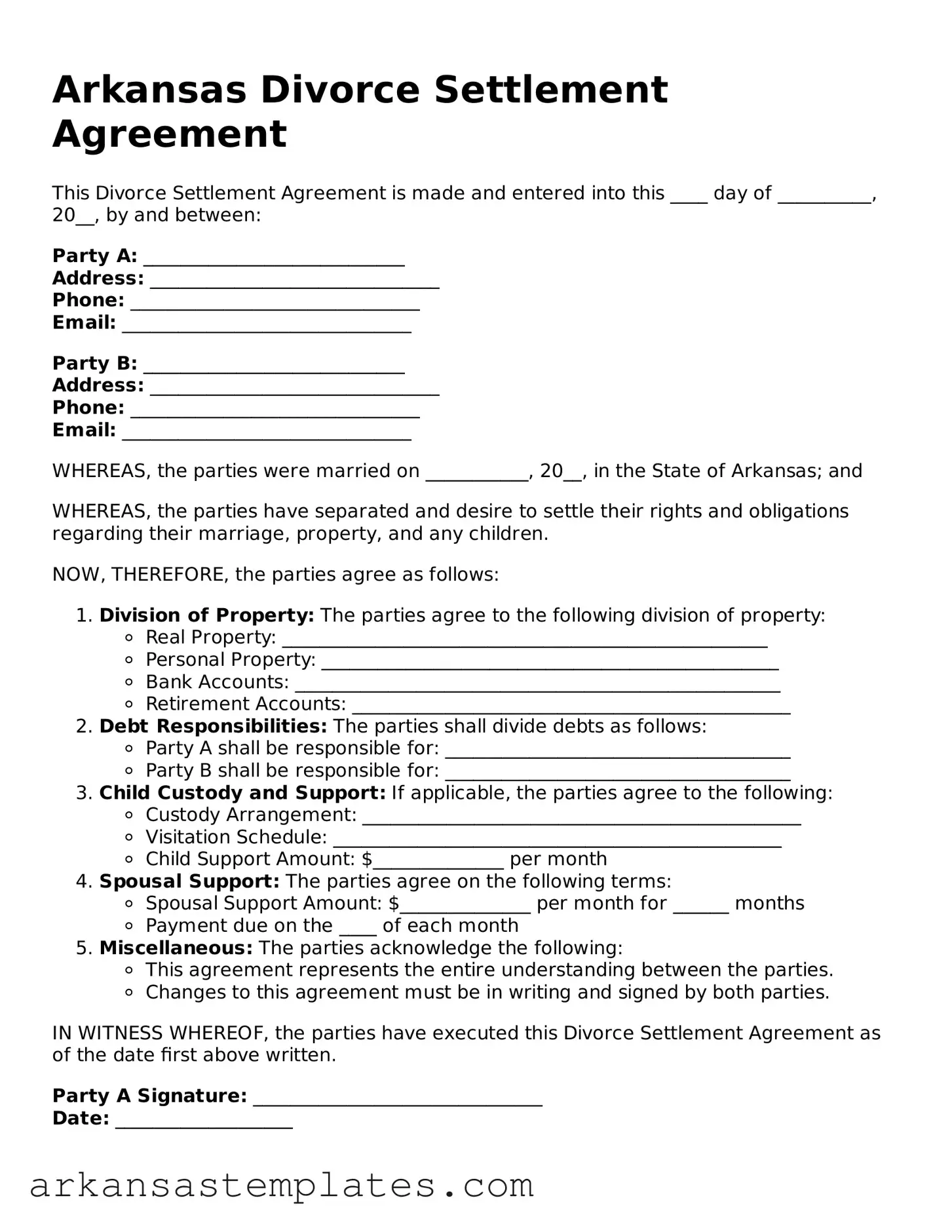 Attorney-Approved  Divorce Settlement Agreement Template for Arkansas