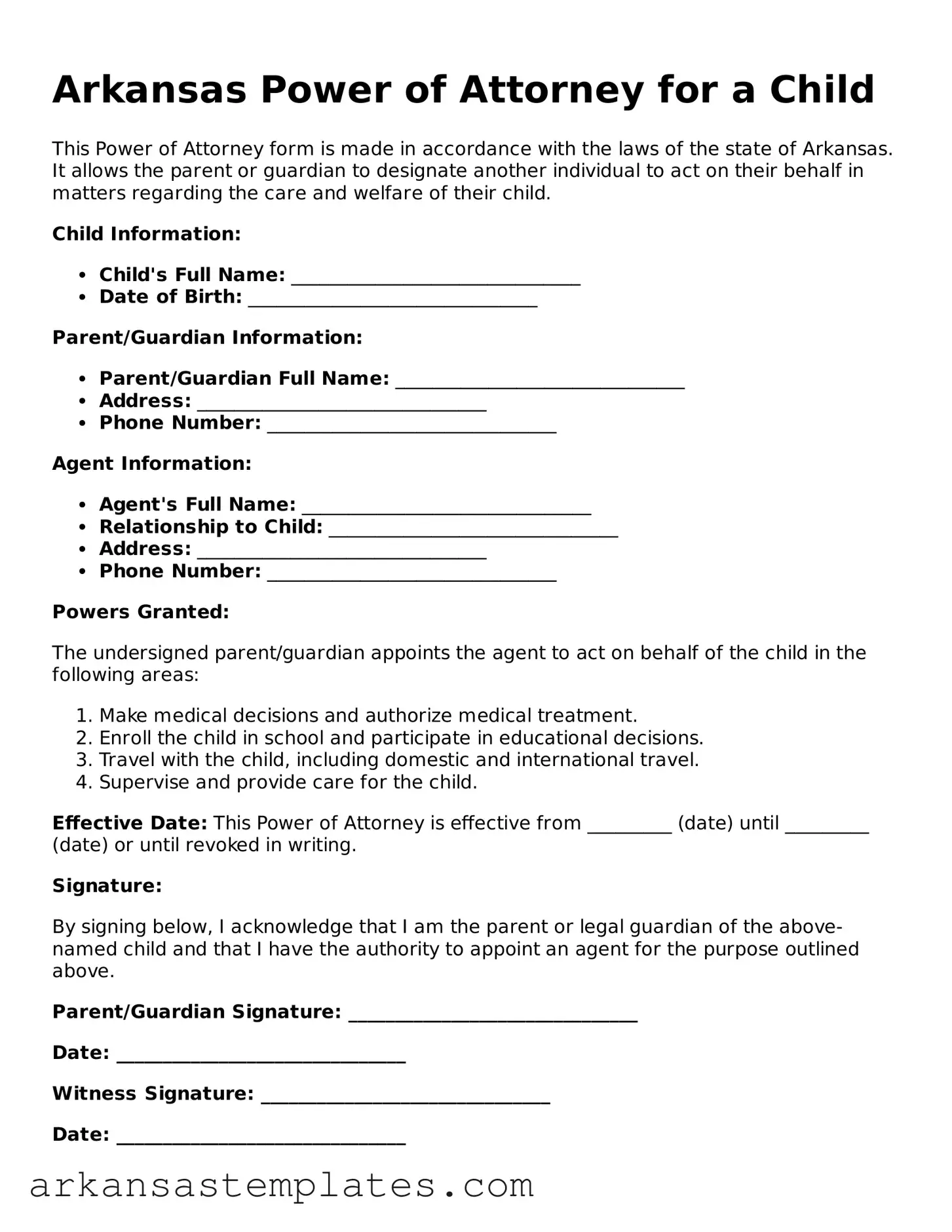 Attorney-Approved  Power of Attorney for a Child Template for Arkansas