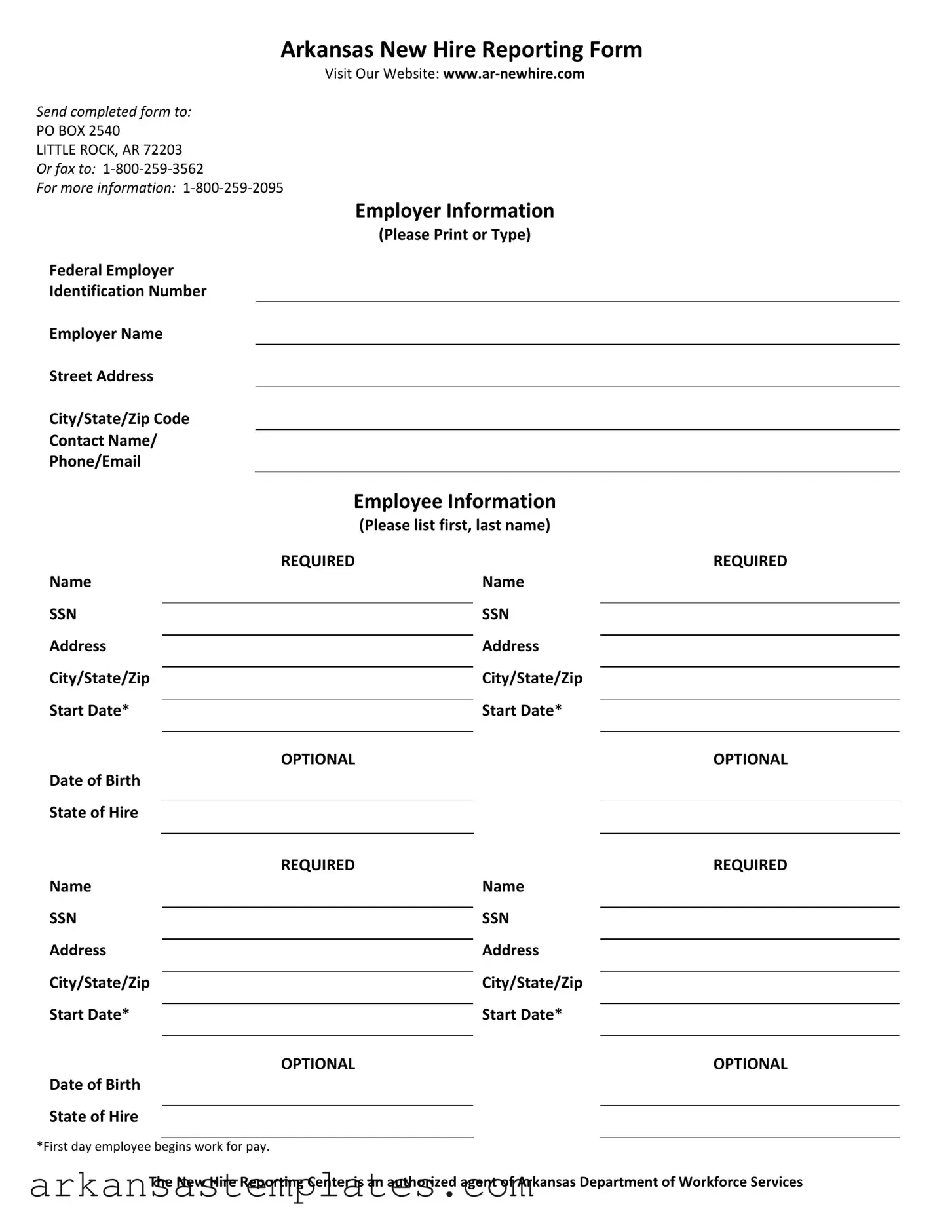 Blank Arkansas New Hire Reporting Form