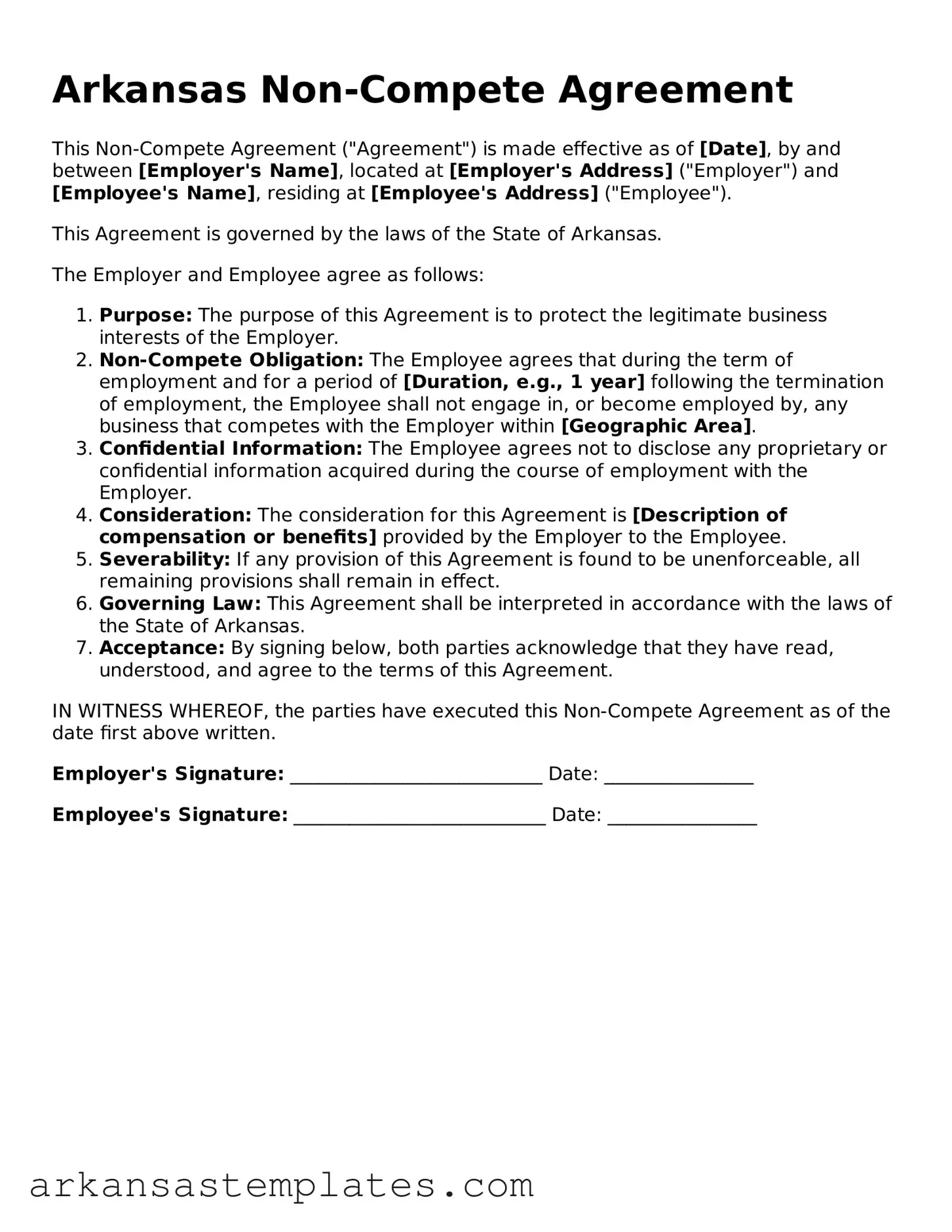 Attorney-Approved  Non-compete Agreement Template for Arkansas