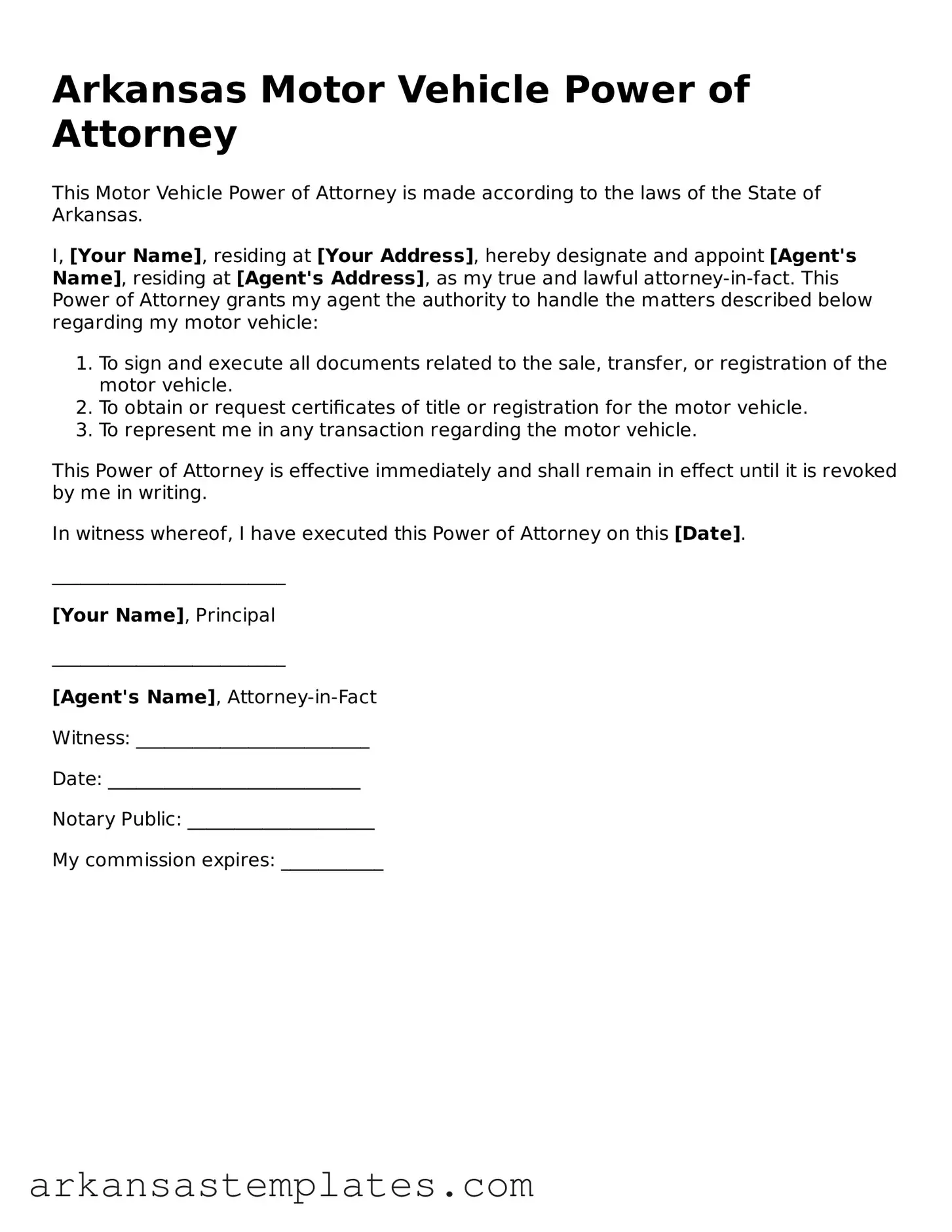 Attorney-Approved Motor Vehicle Power of Attorney Template for Arkansas