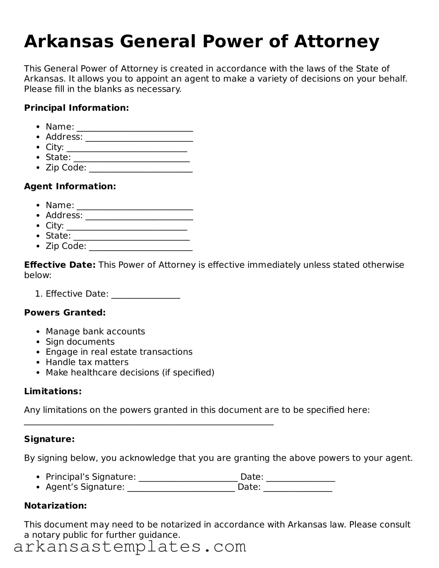 Attorney-Approved  General Power of Attorney Template for Arkansas