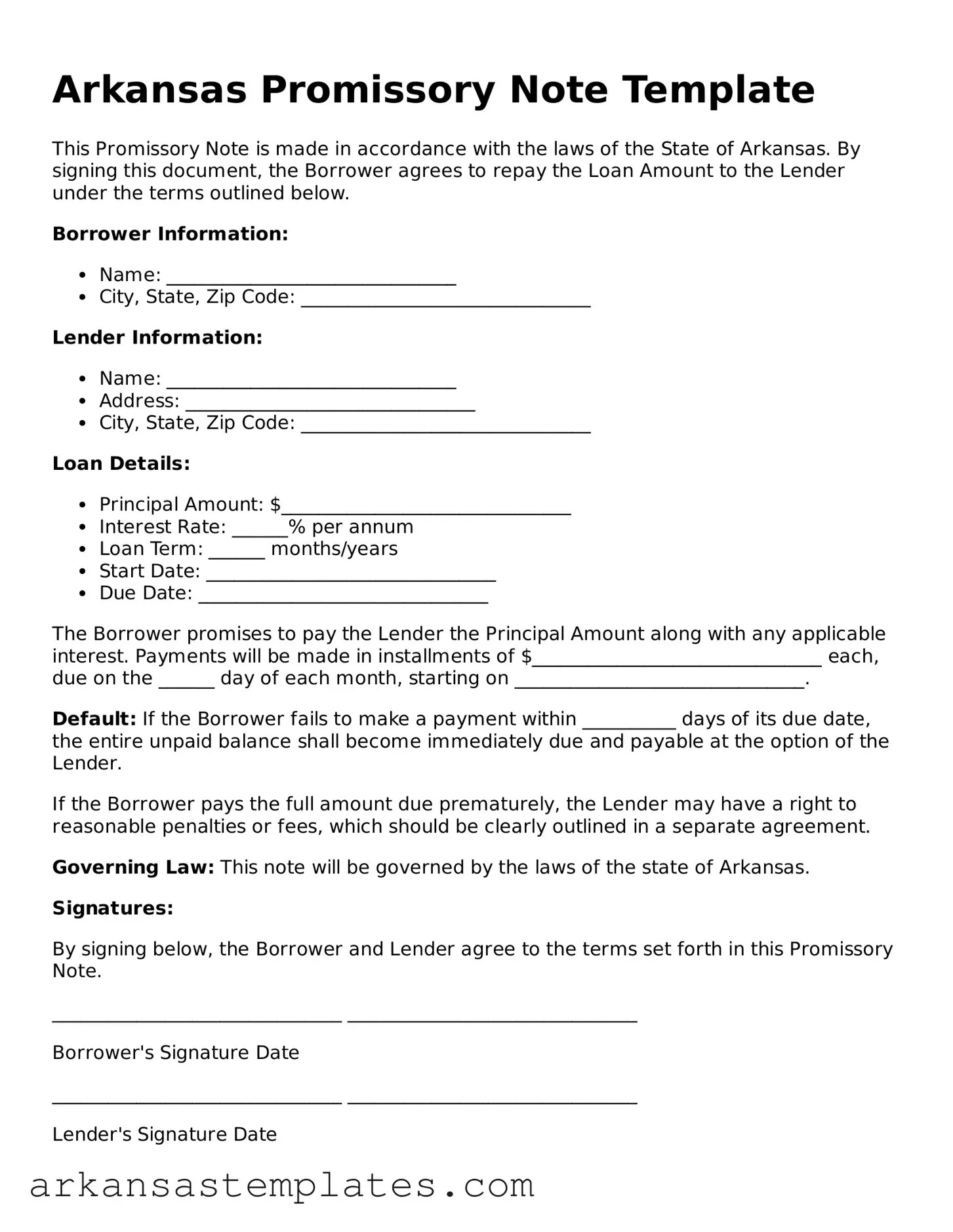Attorney-Approved  Promissory Note Template for Arkansas