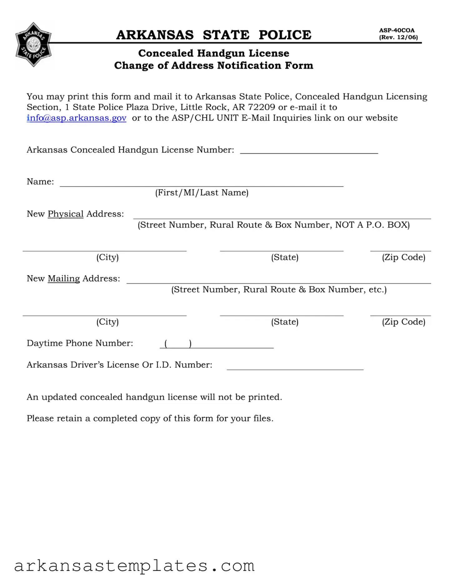Blank Change Address Ccw In Arkansas Form