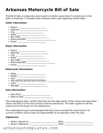 Attorney-Approved  Motorcycle Bill of Sale Template for Arkansas