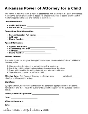 Attorney-Approved  Power of Attorney for a Child Template for Arkansas